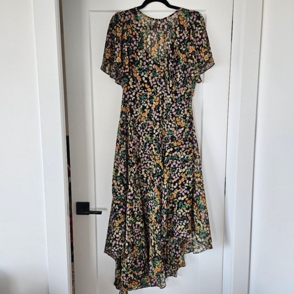 Black Floral High-Low Midi Dress with Flutter Sleeves